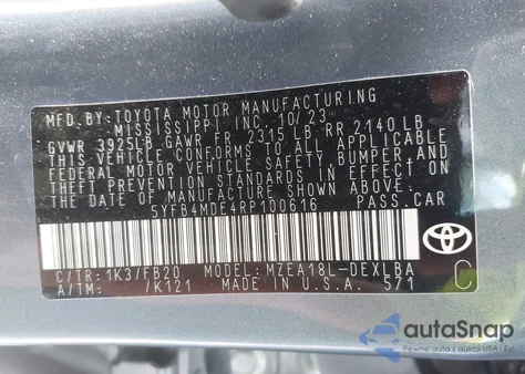 2024 Toyota Corolla Le from USA, damaged, VIN 5YFB4MDE4RP100616